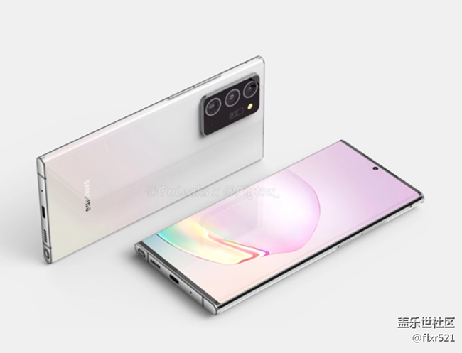 三星Galaxy Note 20+白色渲染图 6.9寸挖孔屏