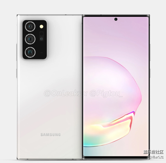 三星Galaxy Note 20+白色渲染圖 6.9寸挖孔屏
