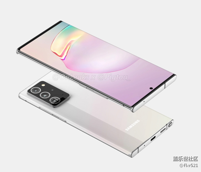 三星Galaxy Note 20+白色渲染圖 6.9寸挖孔屏