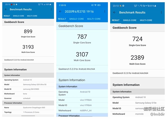三星S20U/iQOO Z1/三星S10e，實機跑分看性能差距