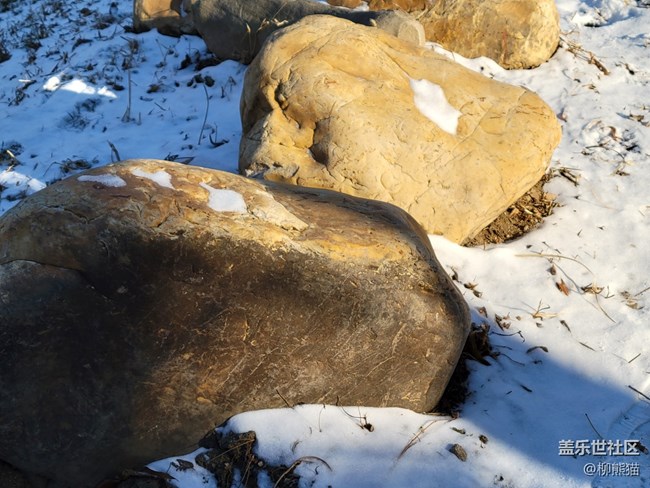 冬日暖陽+雪地上的大石頭