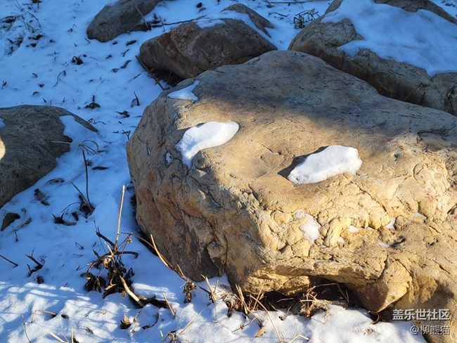 冬日暖陽+雪地上的大石頭